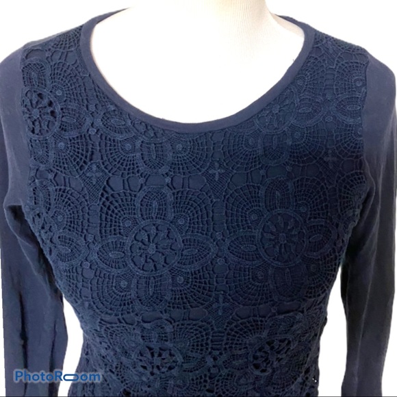 J Crew Factory Navy Lace panel knit top sz S - Picture 5 of 7
